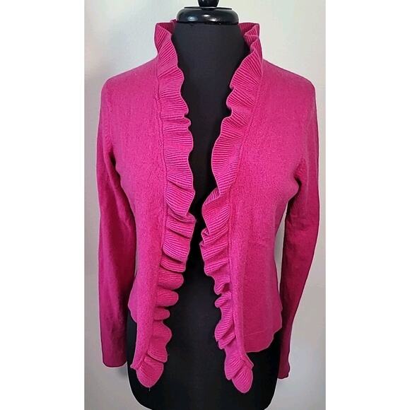 Kinross Cashmere Ruffle Trim Cardigan Pink Sweater L 100% Cashmere - Picture 1 of 6